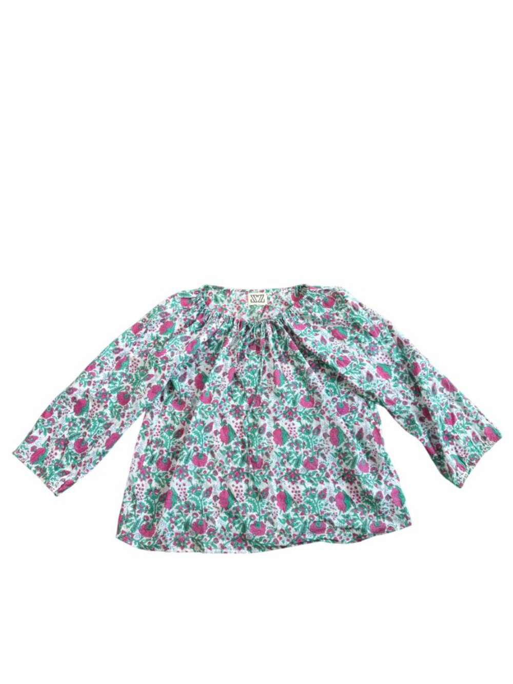 SZ Blockprints floral blouse size L large white green pink print peasant top